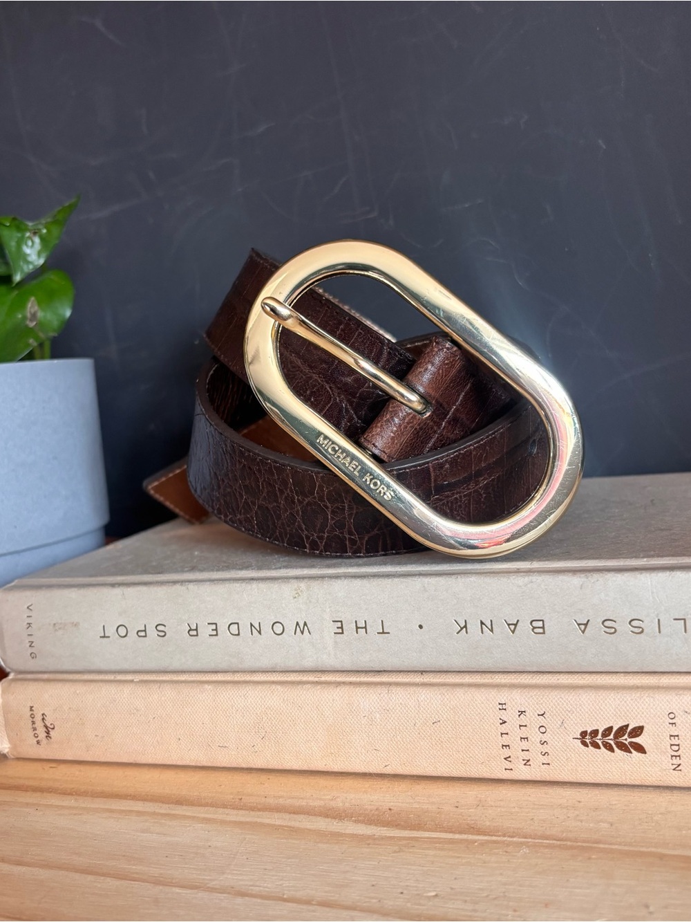 Michael Kors Dark Brown Leather Belt with Gold Oval Buckle